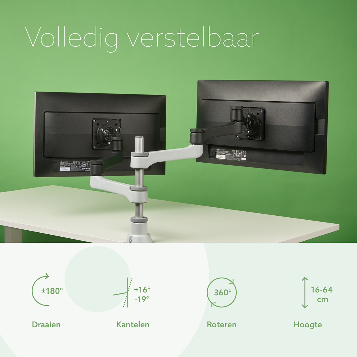 R-Go Tools Monitorarm R-Go Zepher, verstelbare dubbele monitorarm, 100% circulair, tot 8 kg draagvermogen, zwart - Afbeelding 6