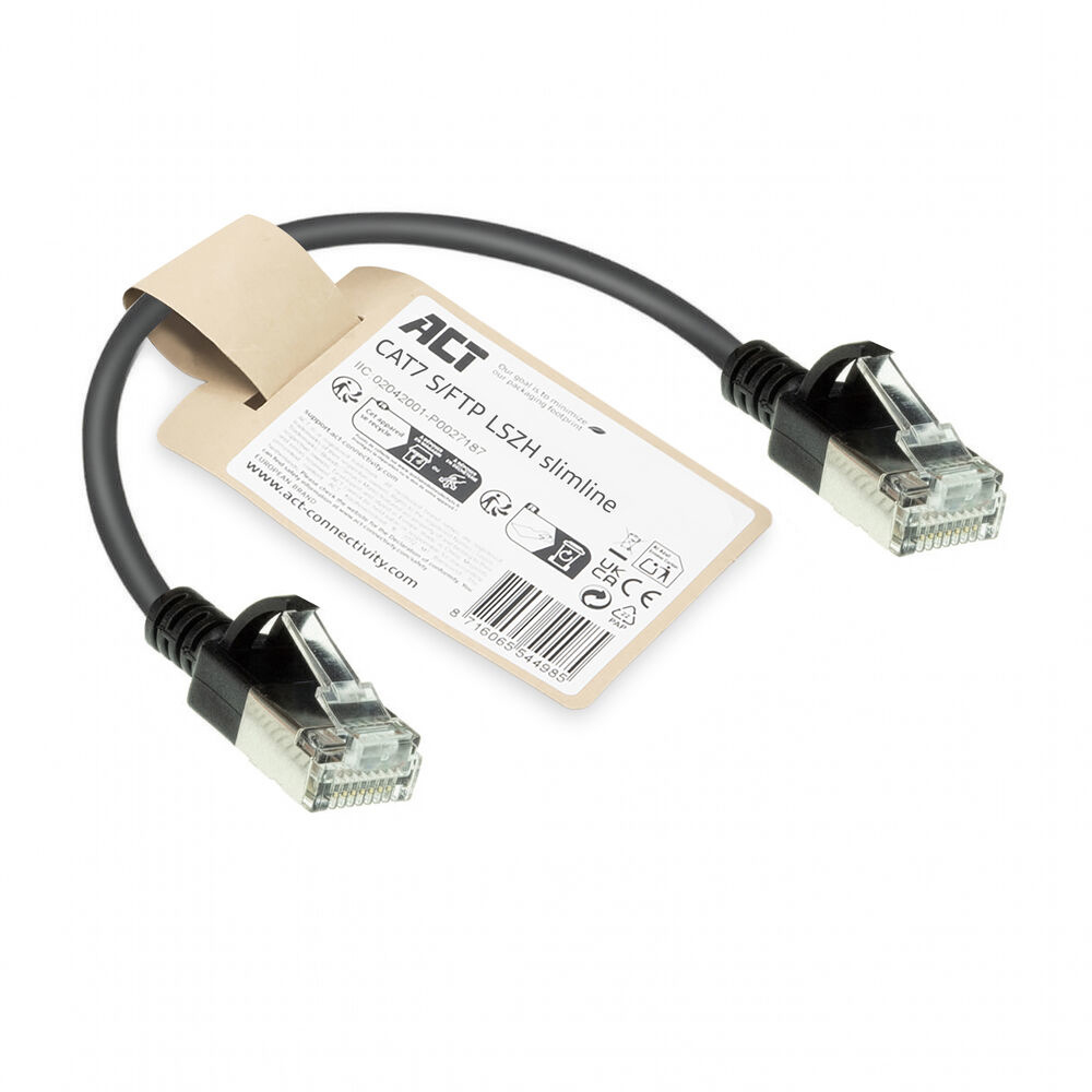 ACT Zwarte 0,15 meter LSZH S/FTP CAT7 slimline patchkabel snagless met RJ45 connectoren - Afbeelding 3