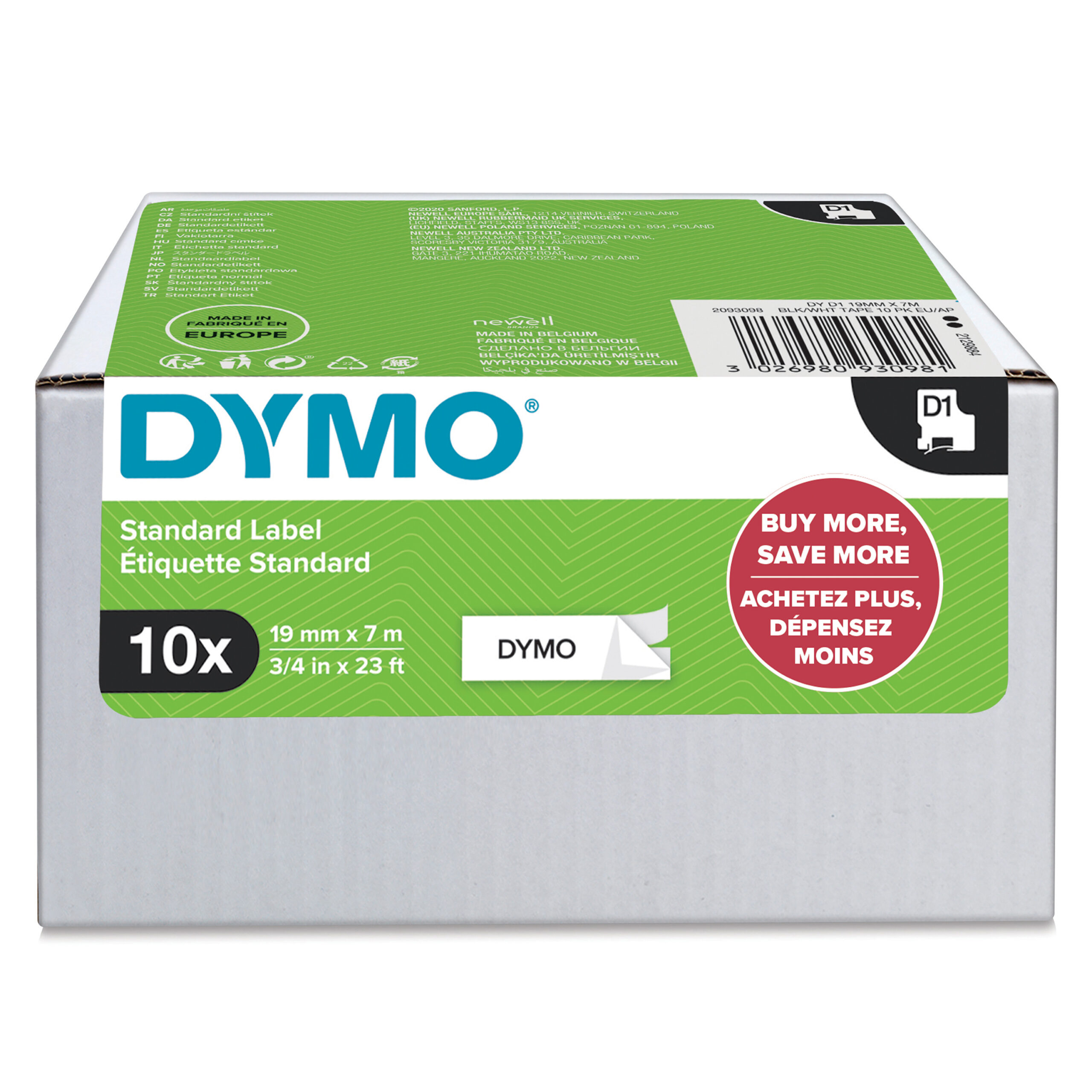 DYMO originele D1 labels | Zwarte Tekst op Wit Label | 19 mm x 7 m | zelfklevende etiketten voor de LabelManager labelprinters | 10 stuks | gemaakt in Europa - Afbeelding 3