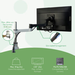 R-Go Tools Monitorarm R-Go Zepher, verstelbare dubbele monitorarm, 100% circulair, tot 8 kg draagvermogen, zwart - Afbeelding 7