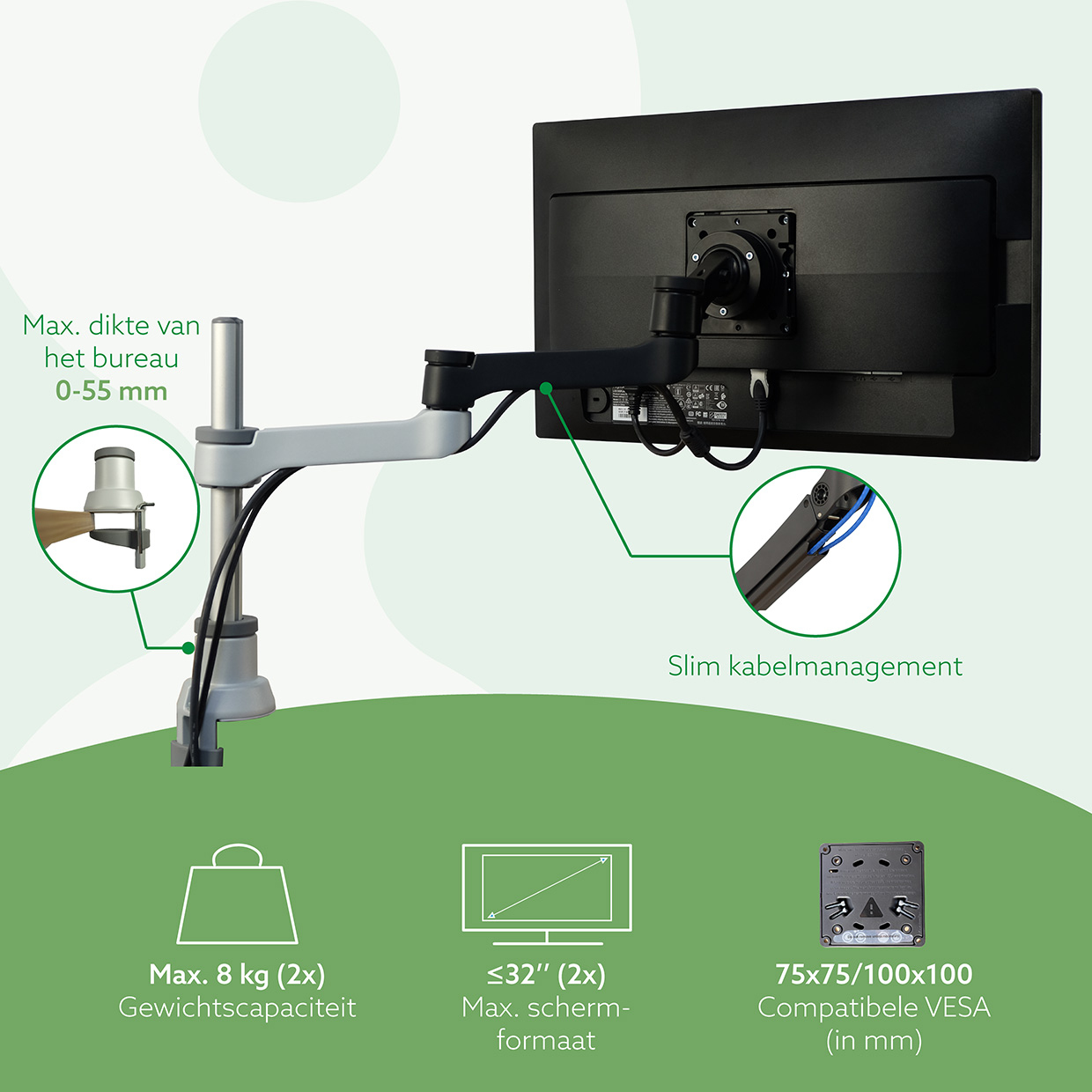 R-Go Tools Monitorarm R-Go Zepher, verstelbare dubbele monitorarm, 100% circulair, tot 8 kg draagvermogen, zwart - Afbeelding 7