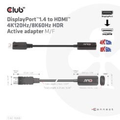 CLUB3D DisplayPort1.4 to HDMI 4K120Hz/8K60Hz HDR Active adapter M/F - Afbeelding 4