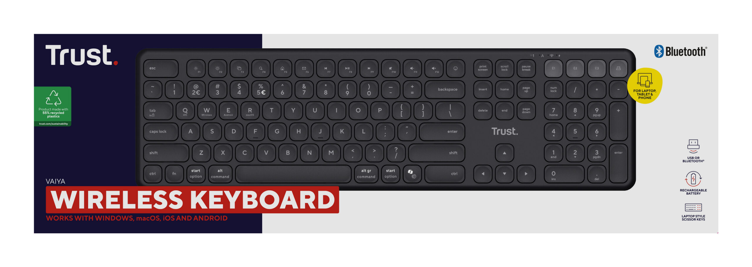 Trust Vaiya Draadloos Toetsenbord - Multi-device toetsenbord – Belgische AZERTY-indeling – USB en Bluetooth – Zwart - Afbeelding 8