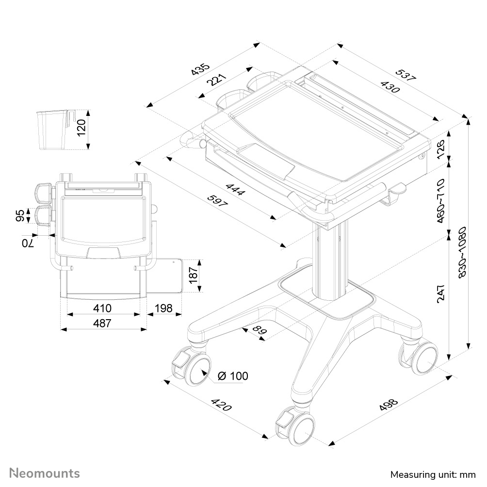 Neomounts MED-M200 Medisch mobiel werkstation 10-17" - gasveer - vergrendelbaar - Afbeelding 9