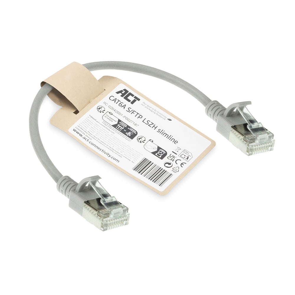 ACT Grijze 0,25 meter LSZH S/FTP CAT6A slimline patchkabel snagless met RJ45 connectoren - Afbeelding 3
