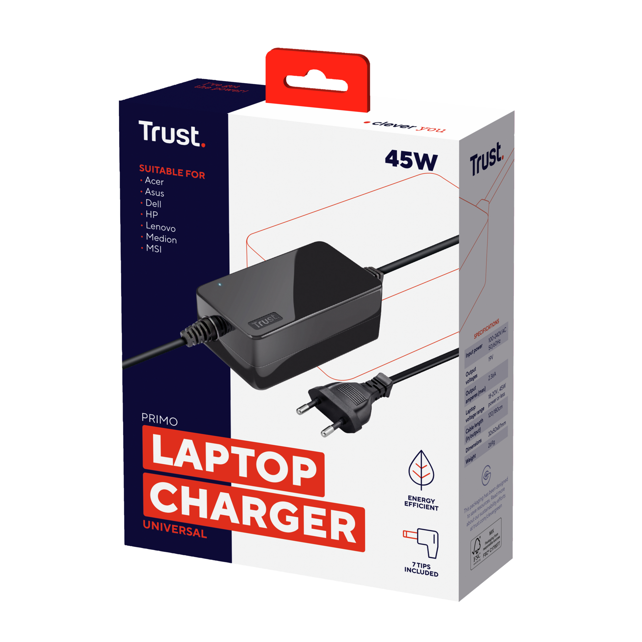 Trust Primo 45W Universele laptop‑lader – laptop‑oplader – universele laptop‑adapter – met meerdere aansluitstukken – Zwart - Afbeelding 4