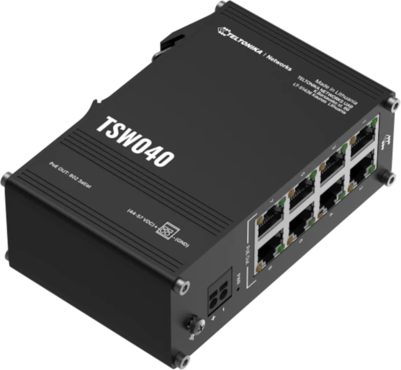The TSW040 is an unmanaged 8-port PoE+ switch by Teltonika featuring eight RJ45ports with a total power budget of 240 W or up to 30 W per port.