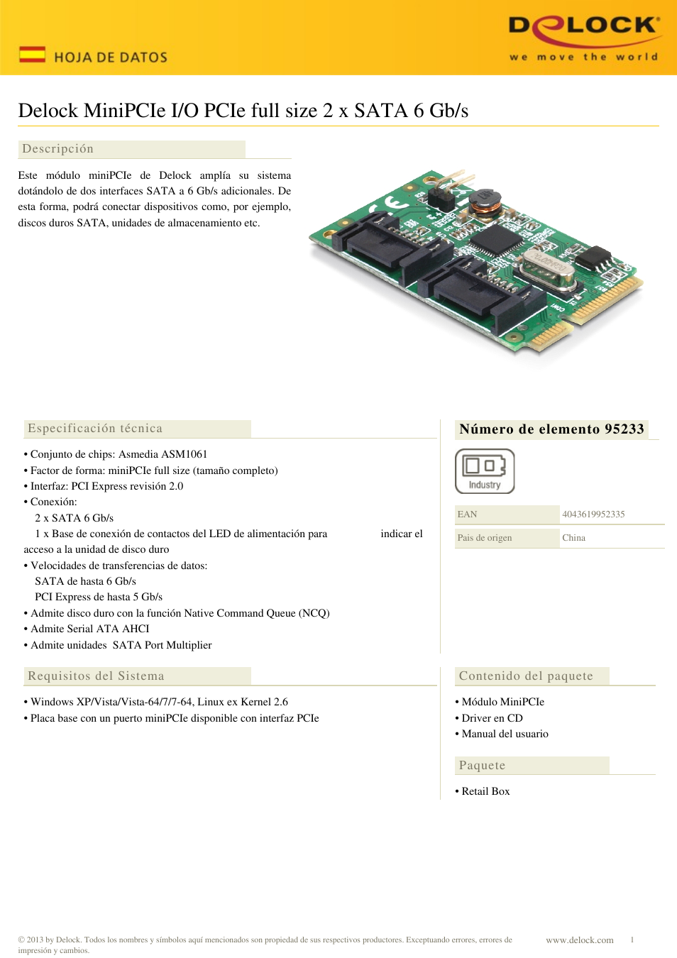 DeLOCK 95233 interfacekaart/-adapter Intern SATA