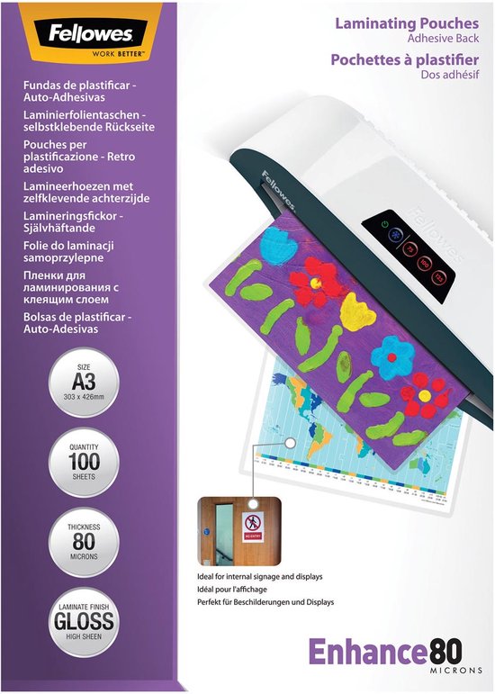 Fellowes Laminierfolie Selbstklebend A3 80Mikron glänz. 100P