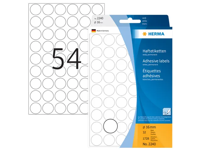 Universele etiketten/Kleur punten ø 16mm wit voor handmatige opschriften 1728 St.