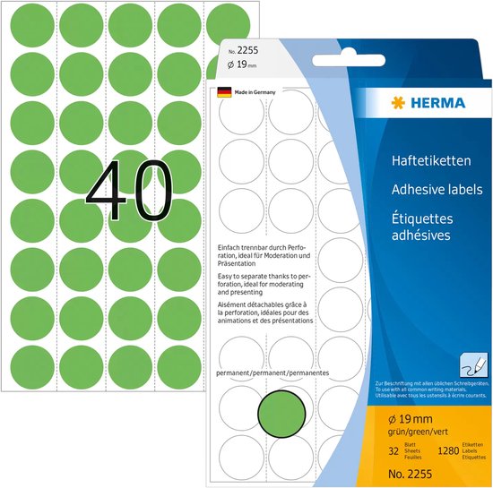 Universele etiketten/Kleur punten ø 19mm groen geperforeerd 1280 St.