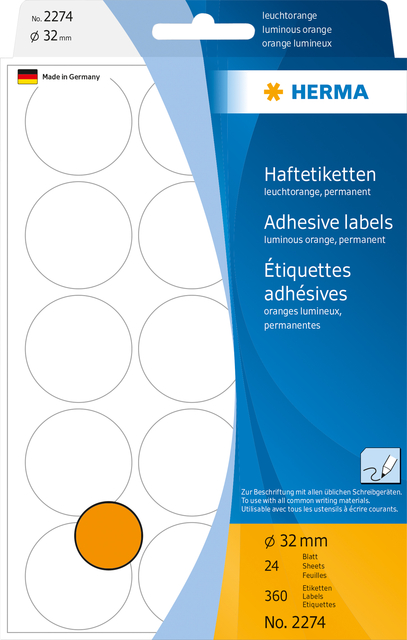 Universele etiketten/Kleur punten ø 32mm fluor oranje voor handmatige opschriften 360 St.