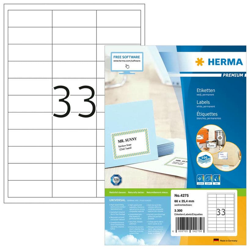 Etiketten wit 66x25.4 Premium A4 3300 st.