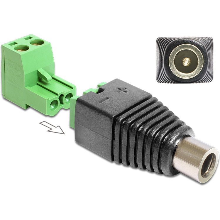 DeLOCK 65486 tussenstuk voor kabels DC 2.5 x 5.5 mm 2p Zwart, Groen, Zilver