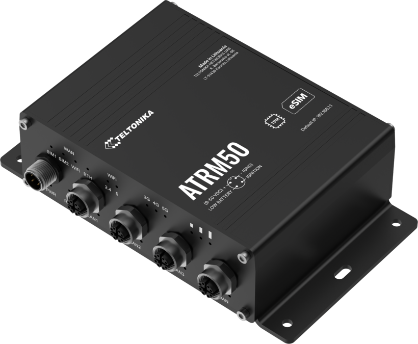 ATRM50 robust industrial 5G router with 4x M12 Gigabit Ethernet portsWiFi Dual-SIM eSIM GPS a powerful CPU and RutOS software advancednetworking solutions.