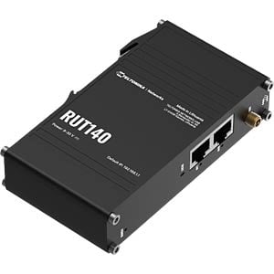 Compact industrial Ethernet router equipped with two Ethernet ports DIN rail bracket and an industrial 3-pin connector.