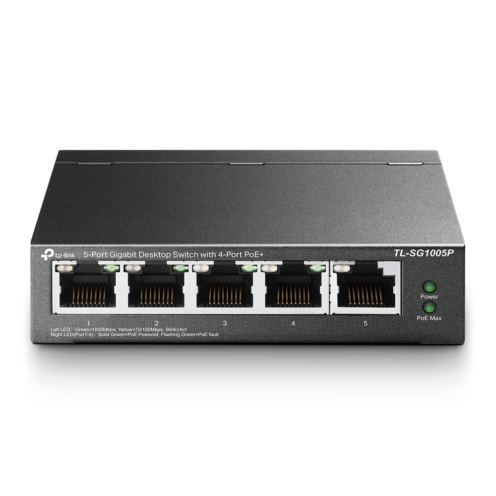 5-Port Gigabit Desktop Switch with 4-Port PoE 5 Gigabit RJ45 ports including 4 PoE ports 56W PoE Power supply steel case