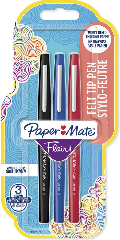 Papermate Flair Original viltstift Medium Zwart, Blauw, Rood 3 stuk(s)