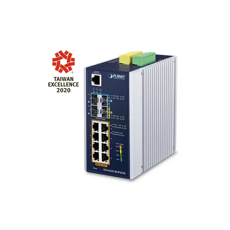 PLANET IP30 DIN-rail Industrial L3 8P Managed Gigabit Ethernet (10/100/1000) Aluminium, Blauw
