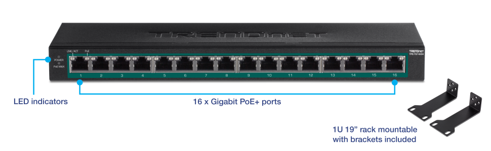 Trendnet TPE-TG160H netwerk-switch Unmanaged Gigabit Ethernet (10/100/1000) Power over Ethernet (PoE) 1U Zwart
