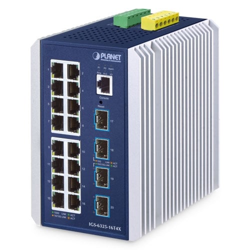 PLANET IP30 Industrial L3 16-Port Managed Gigabit Ethernet (10/100/1000) Aluminium, Blauw