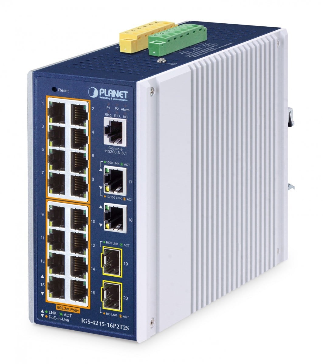 PLANET IP30 Industrial L2/L4 16-Port Managed L2/L4 Gigabit Ethernet (10/100/1000) Power over Ethernet (PoE) Aluminium, Blauw
