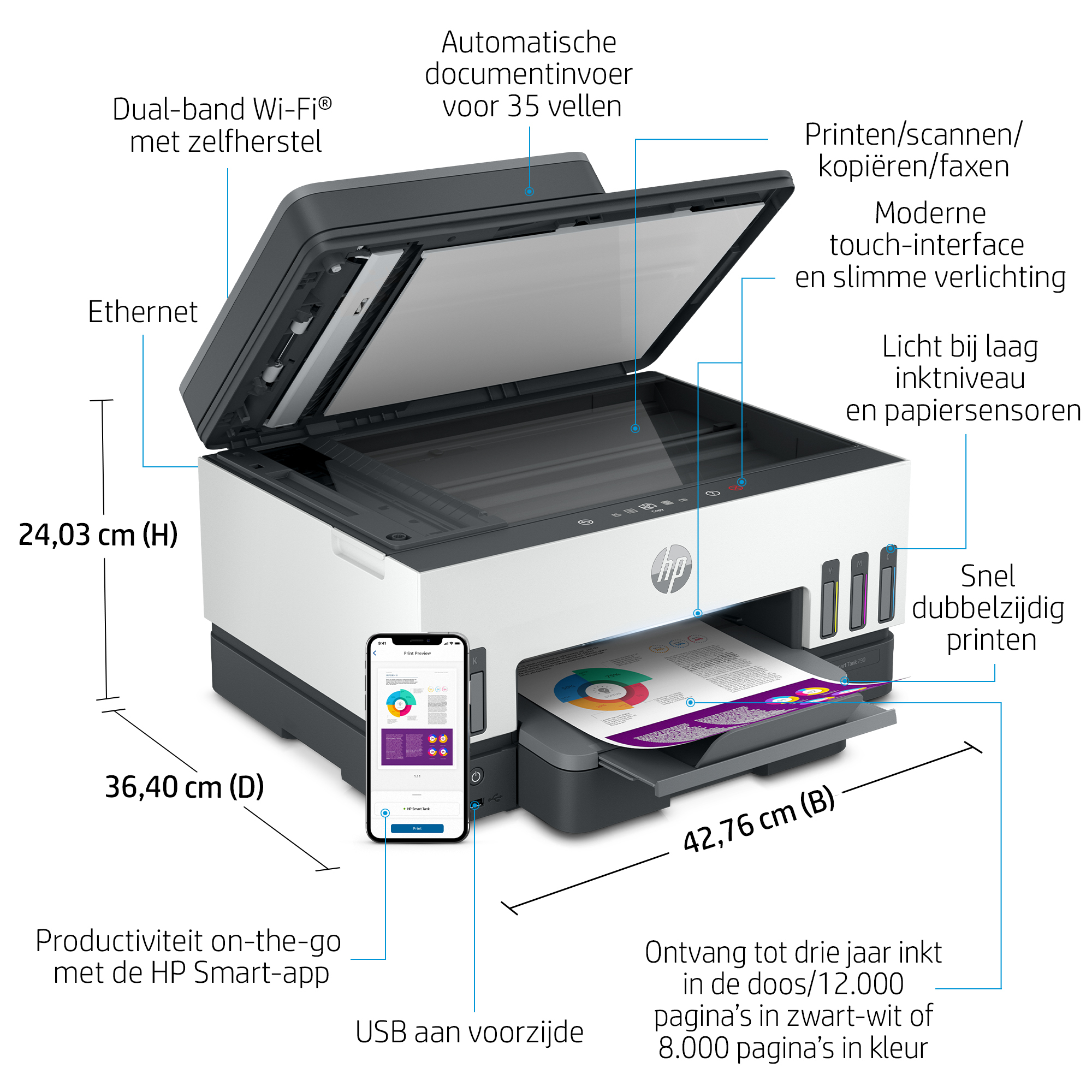 HP Smart Tank 7605 Draadloos All-in-One Kleur Printer, Dubbelzijdig printen; Kopieerapparaat, Scanner - Afbeelding 6