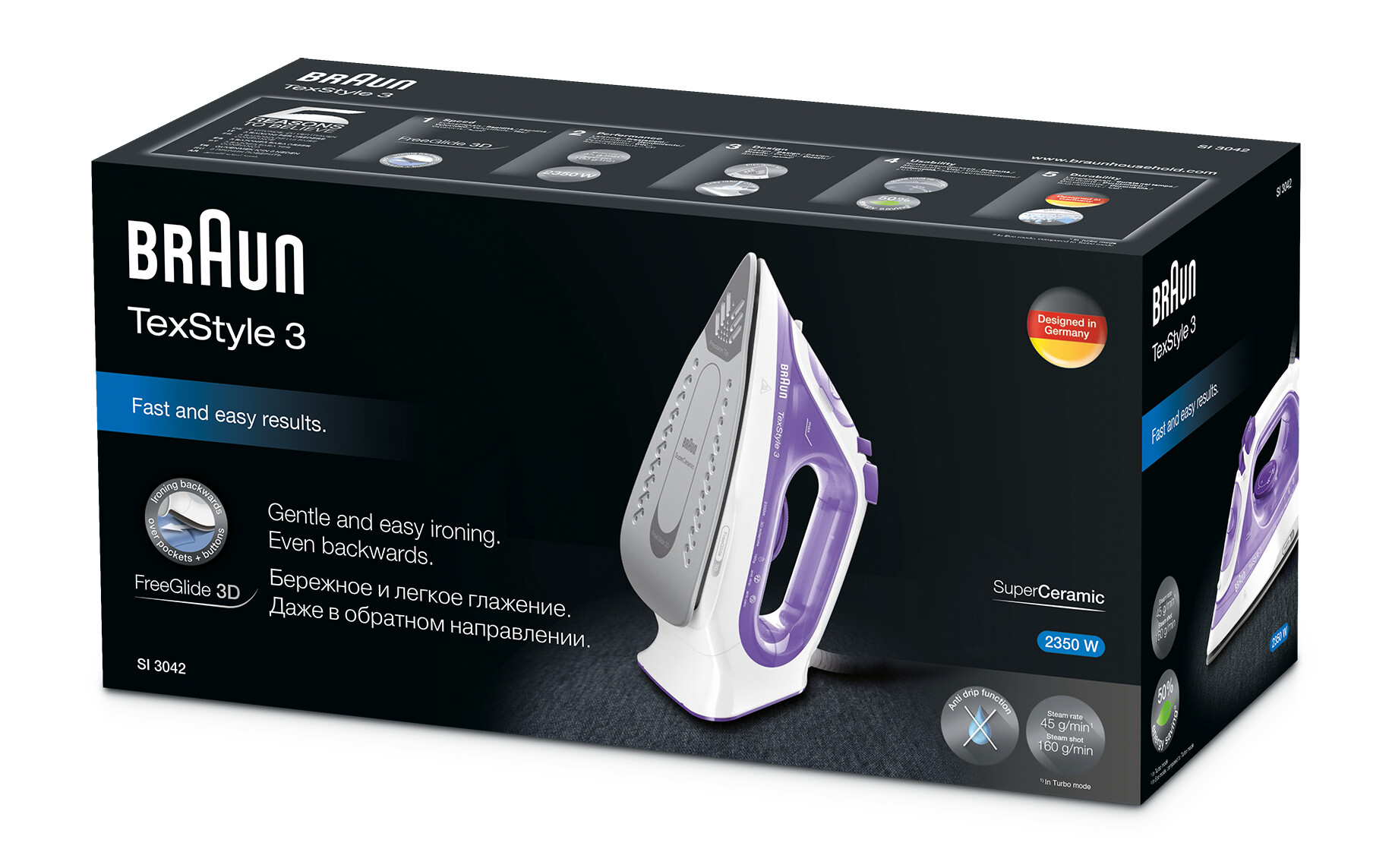 Braun TexStyle 3 SI3042VI Stoomstrijkijzer Keramische zoolplaat 2350 W Paars, Zilver, Wit - Afbeelding 4