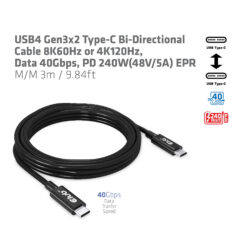 CLUB3D USB4 Gen3x2 Type-C Bi-Directional Cable 8K60Hz or 4K120Hz, Data 40Gbps, PD 240W(48V/5A) EPR M/M 3m / 9.84ft - Afbeelding 6