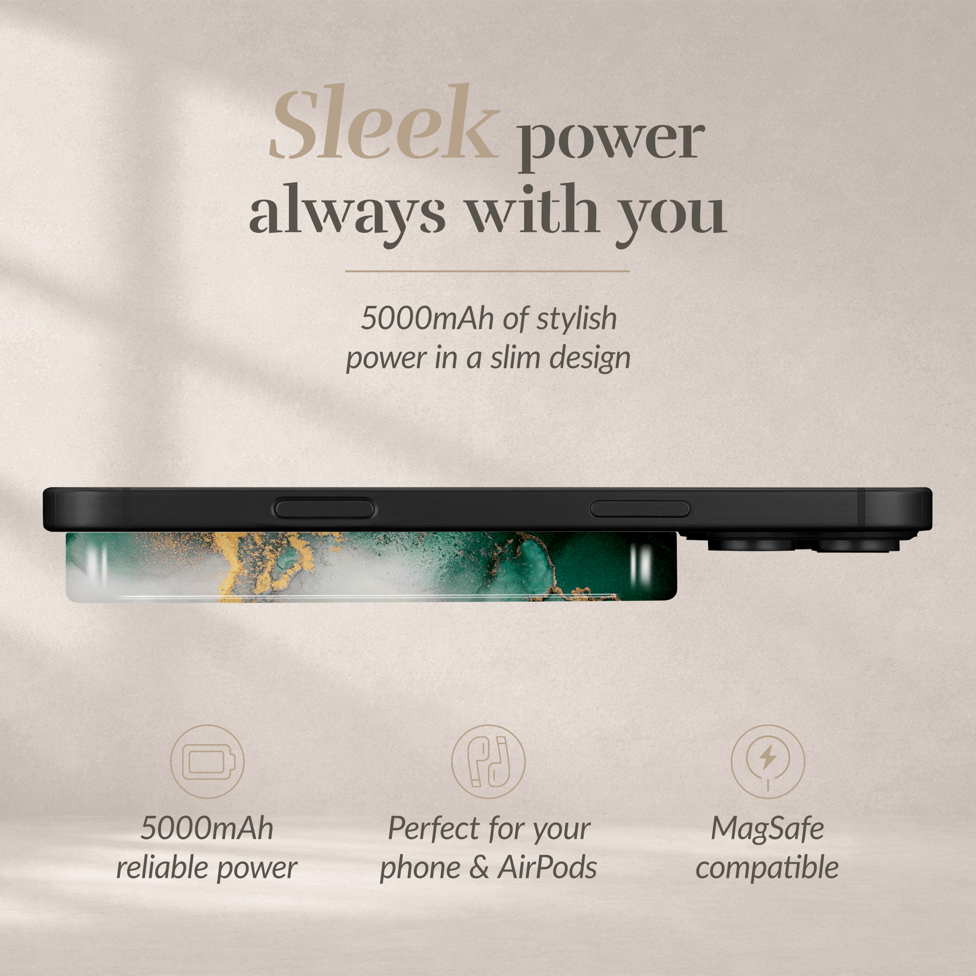 MIO Powerbank 5000mAh with Double sided Magsafe Compatibility Green Marble - Glossy - Afbeelding 4