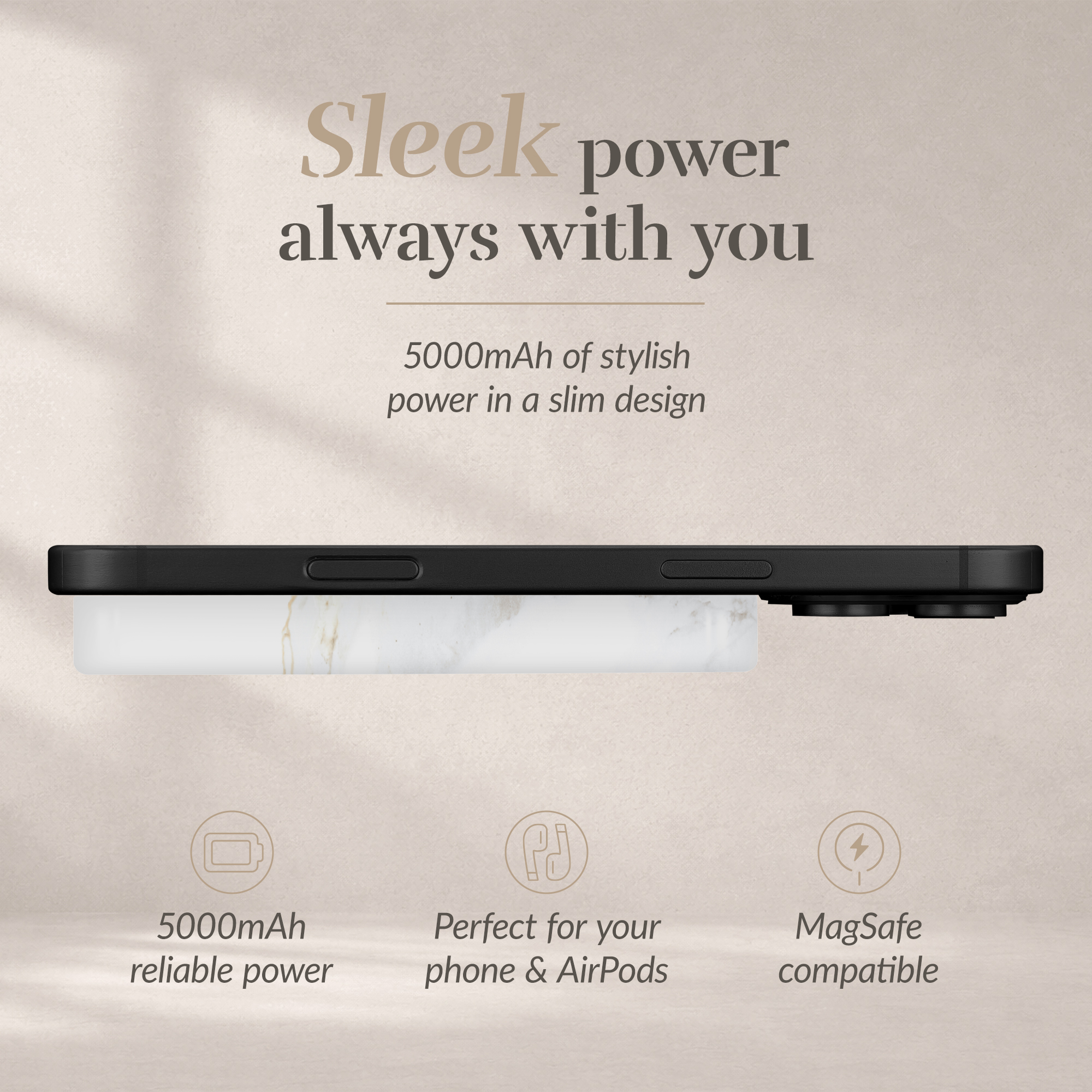 MIO Powerbank 5000mAh with Double sided Magsafe Compatibility White Marble - Matt - Afbeelding 4
