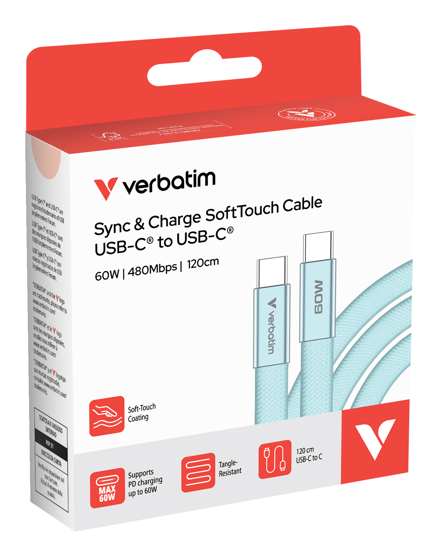 Verbatim Sync & Charge USB-C to USB-C 60W 120cm blue - Afbeelding 4