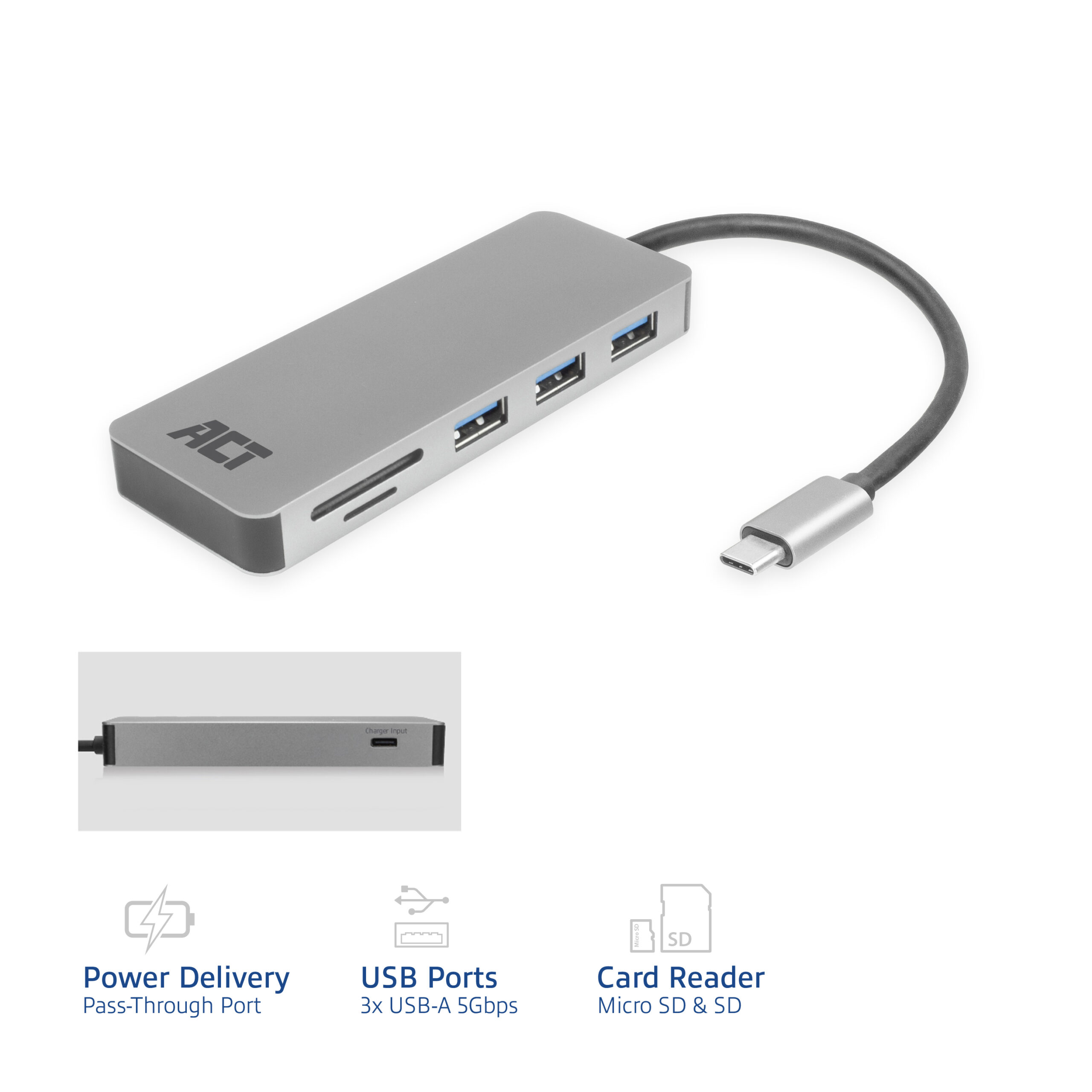 ACT USB-C hub 3.0, 3x USB-A, cardreader, PD pass-through - Afbeelding 3