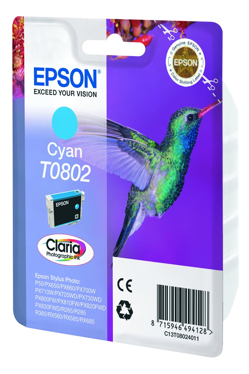 Epson Hummingbird Singlepack Cyan T0802 Claria Photographic Ink - Afbeelding 5