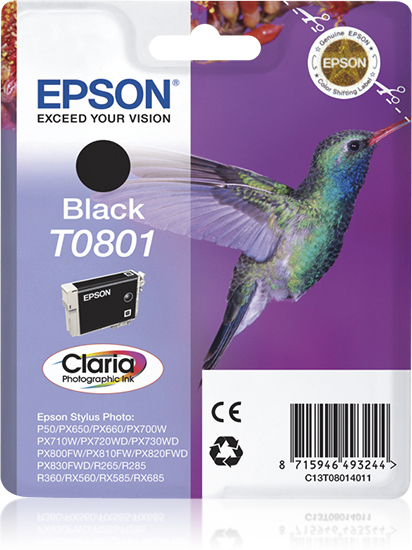 Epson Hummingbird Singlepack Black T0801 Claria Photographic Ink - Afbeelding 2