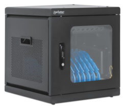 Manhattan Laadkast voor 10 apparaten (laadtrolley), laden via interne AC-adapters (EU) (installatie van voedingskabels van apparaten vereist), geschikt voor ALLE laptops tot 15,6", iPad, MacBook en Chromebook, vakken 380×30×280 mm, afsluitbaar - Afbeelding 3