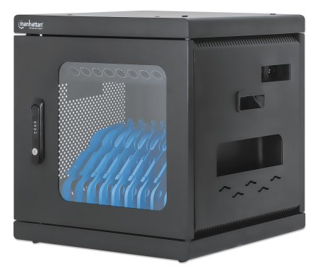 Manhattan Laadkast voor 10 apparaten (laadtrolley), laden via interne AC-adapters (EU) (installatie van voedingskabels van apparaten vereist), geschikt voor ALLE laptops tot 15,6", iPad, MacBook en Chromebook, vakken 380×30×280 mm, afsluitbaar - Afbeelding 2