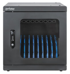 Manhattan Laadkast voor 10 apparaten (laadtrolley), laden via interne AC-adapters (EU) (installatie van voedingskabels van apparaten vereist), geschikt voor ALLE laptops tot 15,6", iPad, MacBook en Chromebook, vakken 380×30×280 mm, afsluitbaar - Afbeelding 4