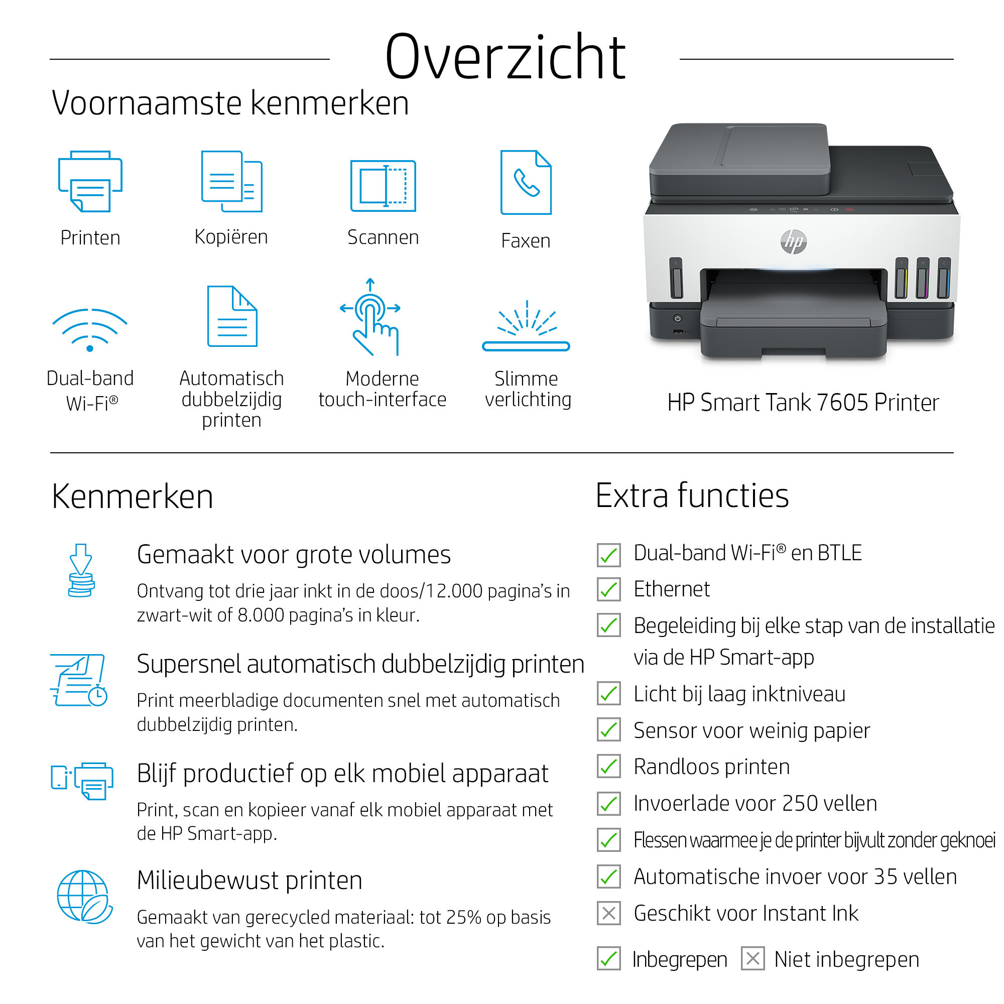 HP Smart Tank 7605 Draadloos All-in-One Kleur Printer, Dubbelzijdig printen; Kopieerapparaat, Scanner - Afbeelding 5