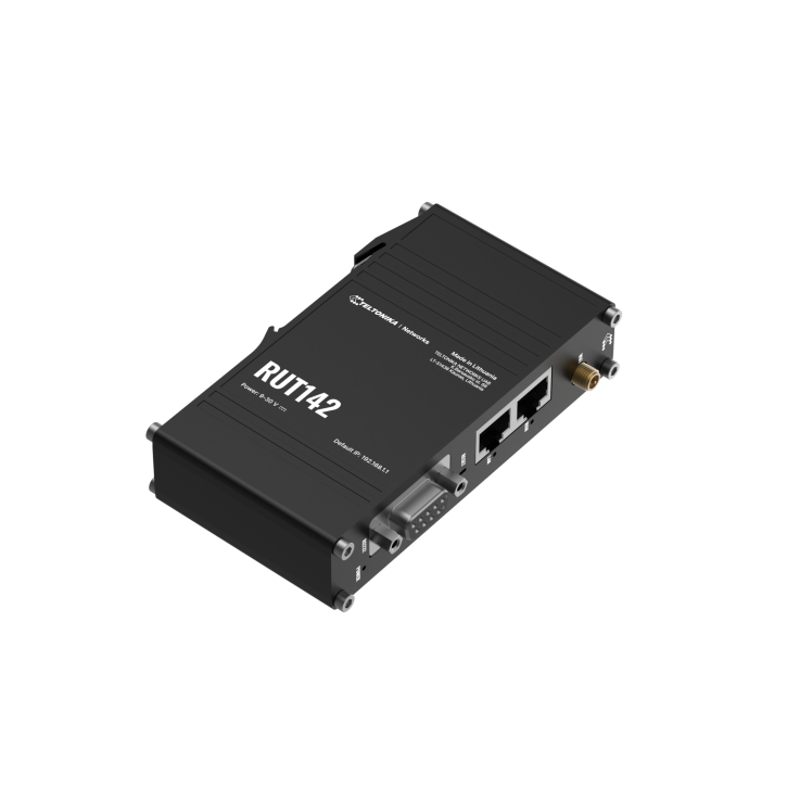 Compact industrial Ethernet router equipped with the RS232 serial interface twoEthernet ports DIN rail bracket and an industrial 3-pin connector.