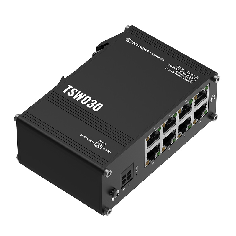 The TSW030 is a cost-efficient unmanaged Ethernet switch featuring eight 10/100RJ45 ports and integrated DIN rail mounting.