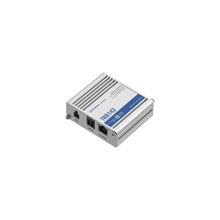 TRB143 industrial gateway with M-Bus interface. It has cellular & wired connectivity one Gigabit Ethernet port and I/Os.