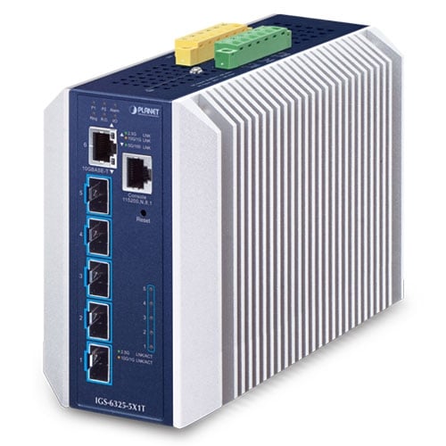 PLANET Industrial Layer 3 5-Port Managed L3 10G Ethernet (100/1000/10000) Aluminium, Blauw