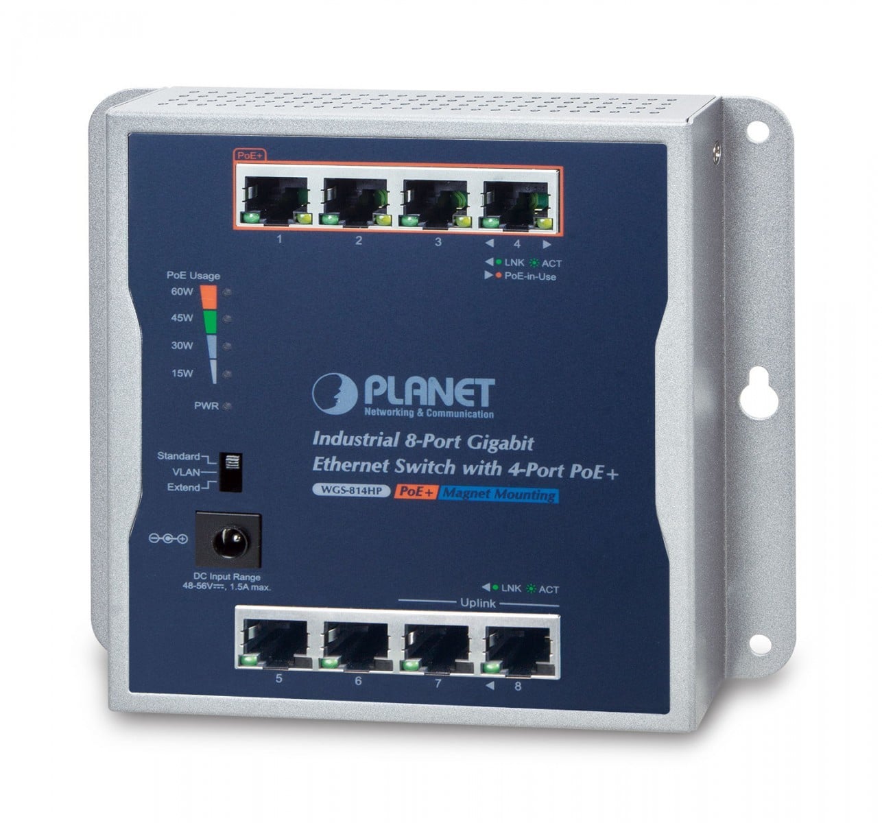 PLANET P30 Industrial 8-Port Unmanaged Power over Ethernet (PoE) Blauw, Grijs