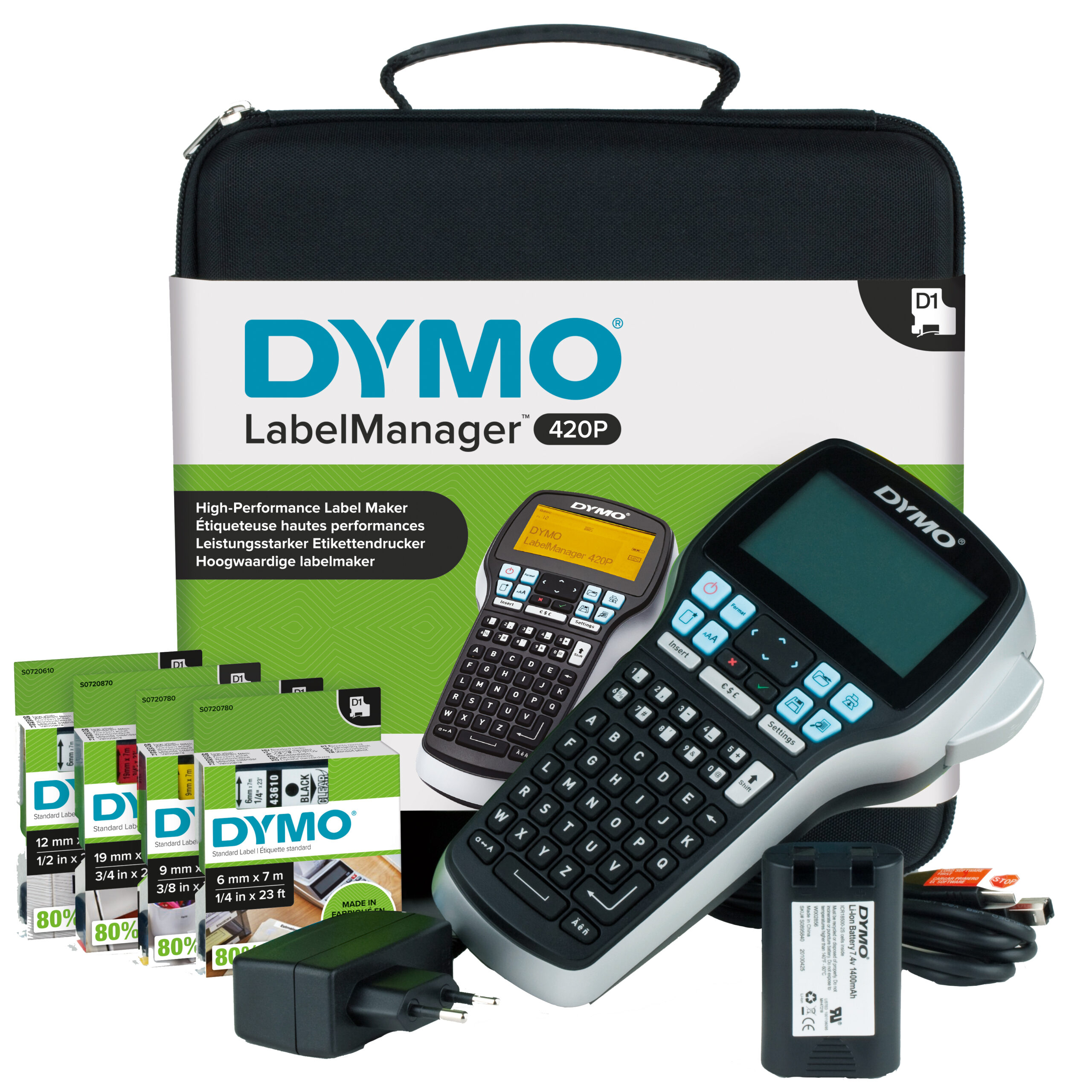 DYMO LabelManager 420P hoogpresterende oplaadbare draagbare labelmakerkit | ABC-toetsenbord met 4 rollen D1-labels en draagkoffer