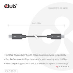 CLUB3D Thunderbolt™ 5 Gecertificeerd 8K240Hz 80/120 Gbps EPR 240 Watt Kabel M/M 1m - Afbeelding 5