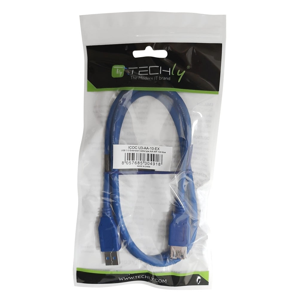 Techly 0.5m USB 3.0 A M/F USB-kabel USB 3.2 Gen 1 (3.1 Gen 1) 0,5 m USB A 5 Gbit/s Blauw - Afbeelding 3
