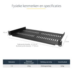 StarTech.com 1U Server Rack Schap - Universele Geventileerde Rack Mount Cantilever Shelf voor 19" Netwerk Kast & Apparatuur - Heavy Duty Staal - Capaciteit 20kg - Diepte 25cm (10") - Zwart - Afbeelding 6