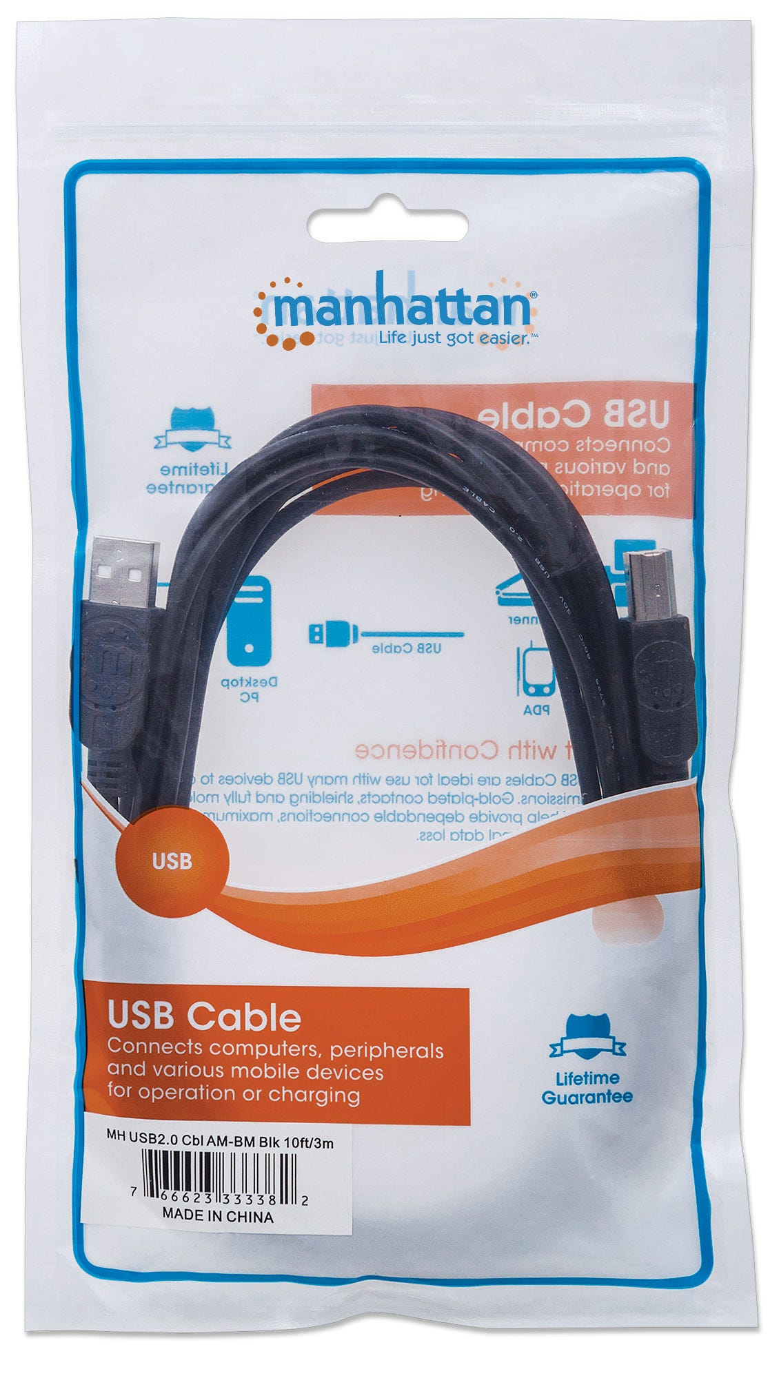Manhattan USB-A naar USB-B kabel, 3 m, mannelijk naar mannelijk, 480 Mbps (USB 2.0), zwart, levenslange garantie, equivalent aan USB2HAB3M - Afbeelding 4