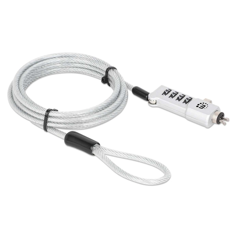 Manhattan Universeel combinatieslot voor laptop (Noble Wedge®, Nano en K-Slot), 3-in-1 diefstalbeveiliging, resetbare 4-cijferige combinatie, kabel van 1,8 m van koolstofstaal, snijbestendig, PVC-coating transparant, zilver - Afbeelding 4